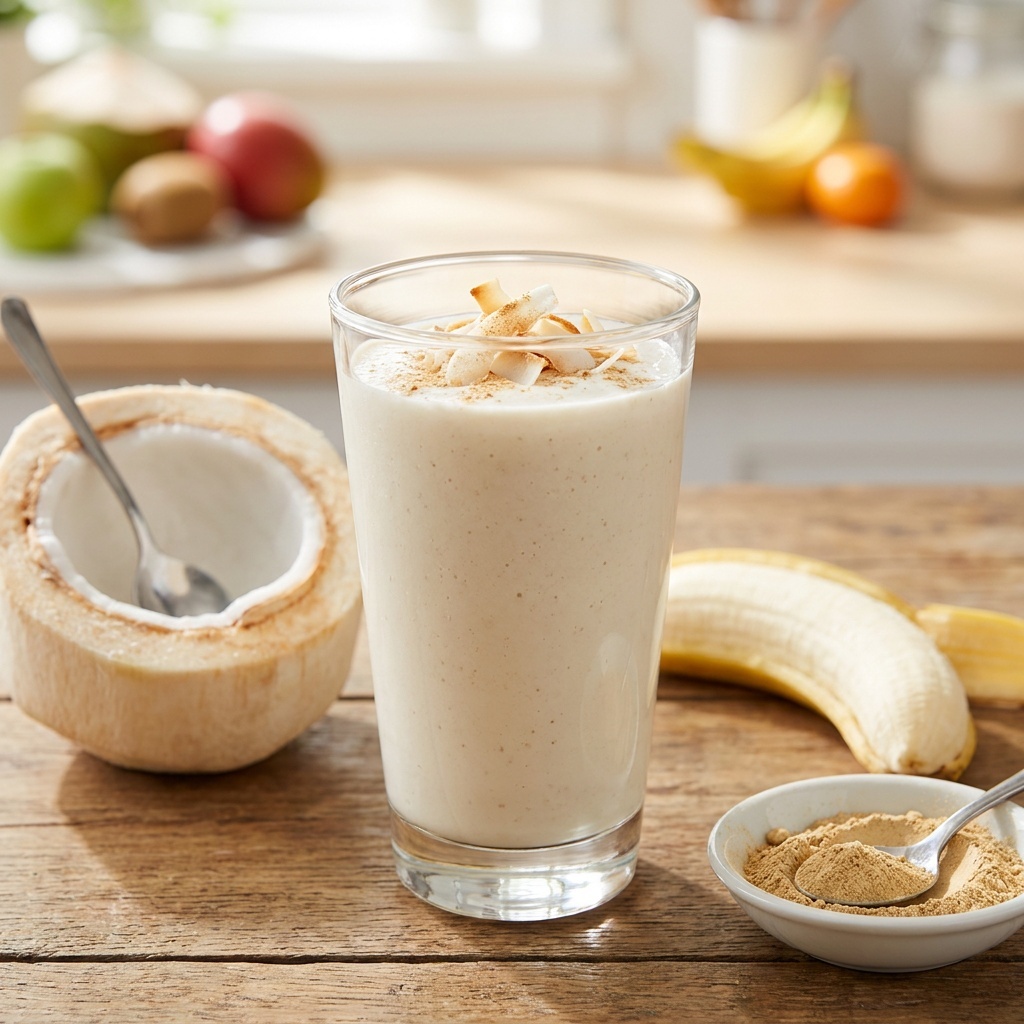 Deserowe smoothie kokosowe z bananem i macą