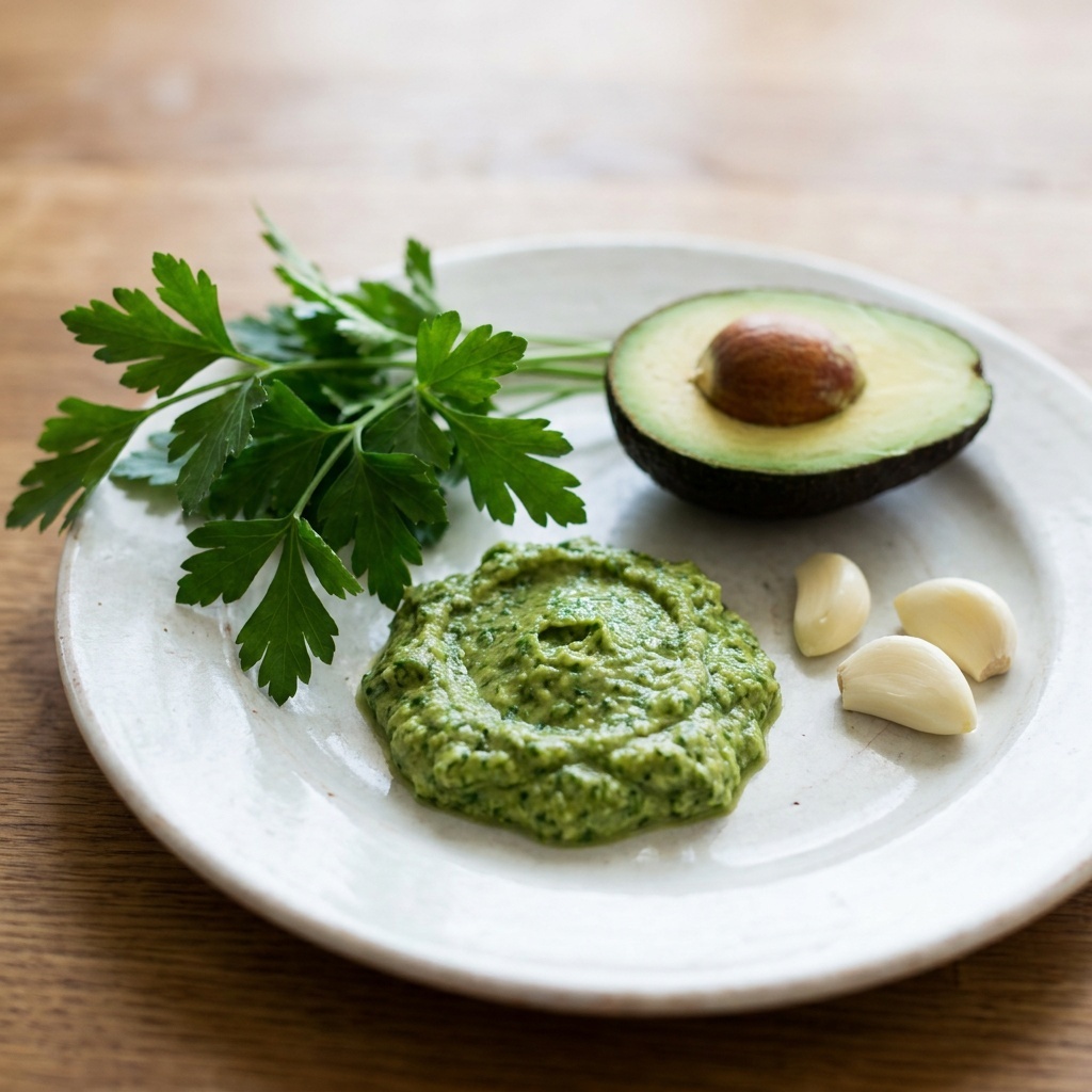 Surowe pesto z awokado i natki pietruszki z pestkami słonecznika