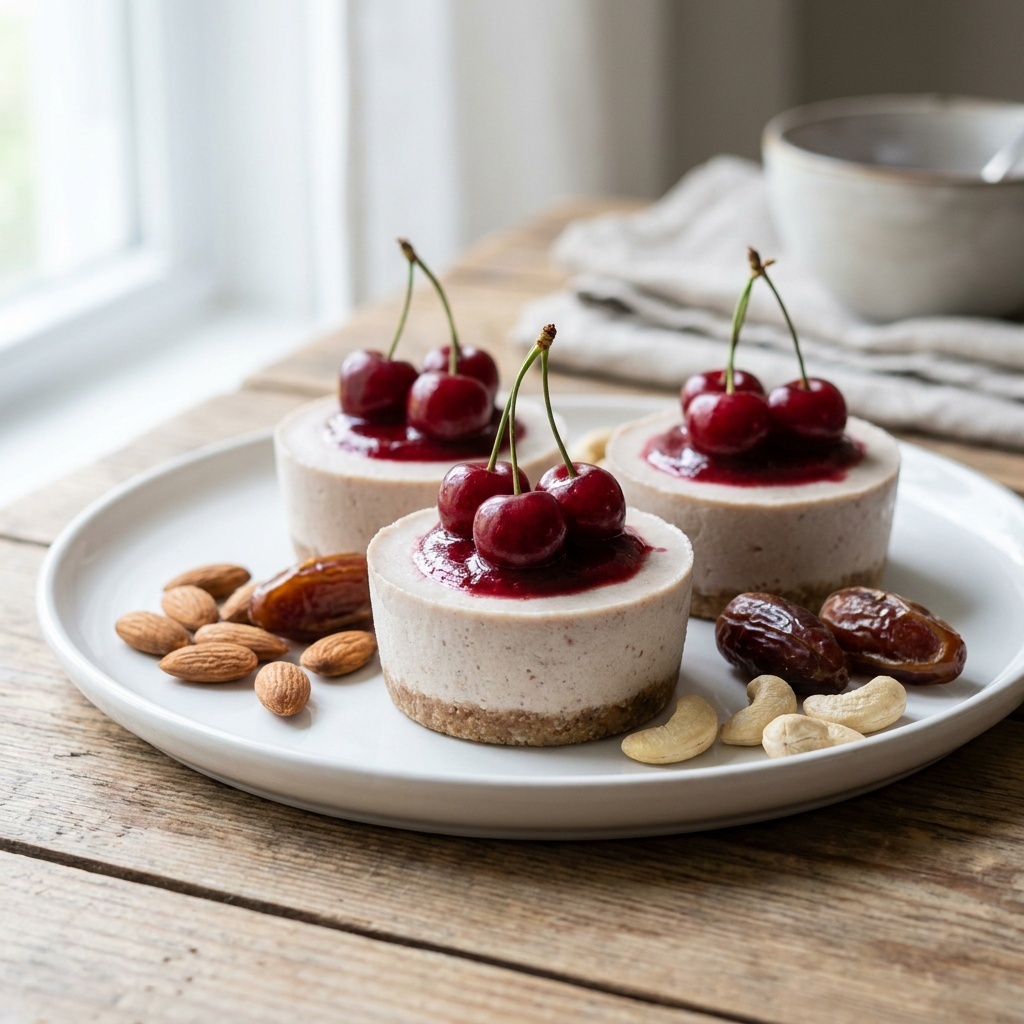 Raw frozen mini cake, cacao cheesecake and fresh cherries