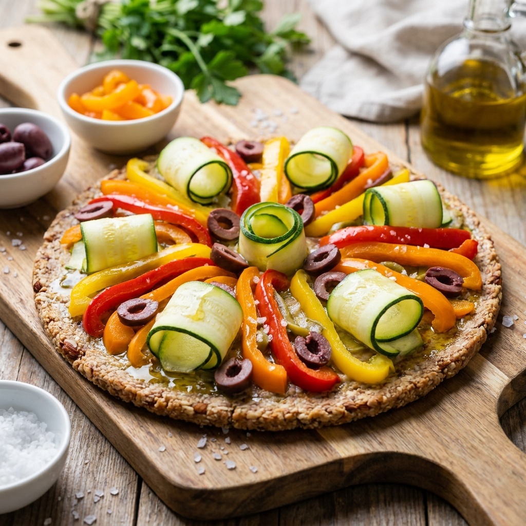 Surowa pizza z papryką i oliwkami na spodzie migdałowo-cukiniowym