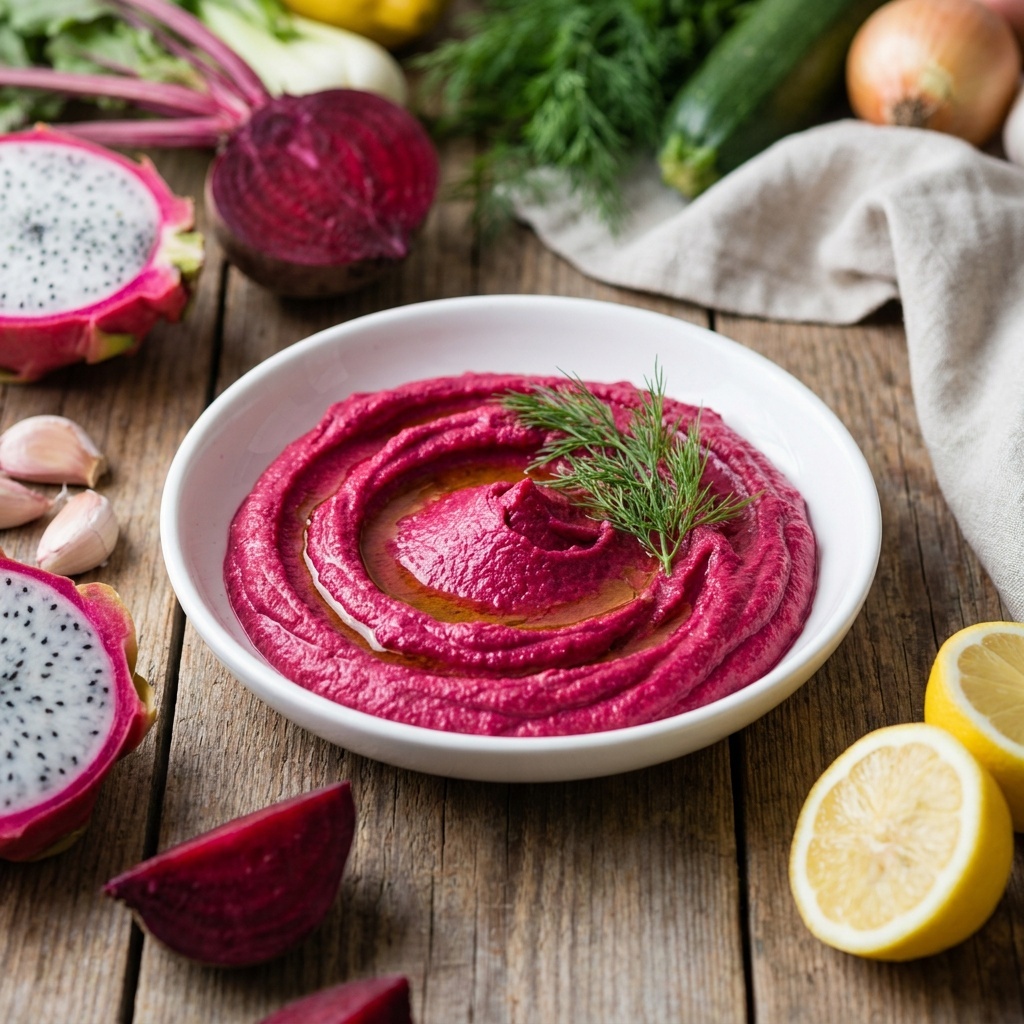Hot pink beetroot hummus with sprouted chickpeas