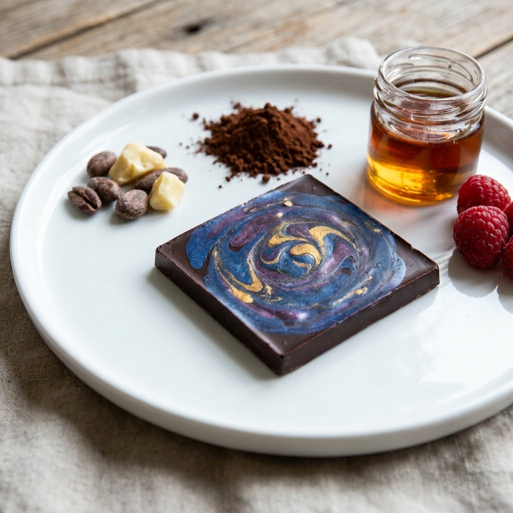 Raw galaxy dark chocolate with puffed quinoa and raspberries