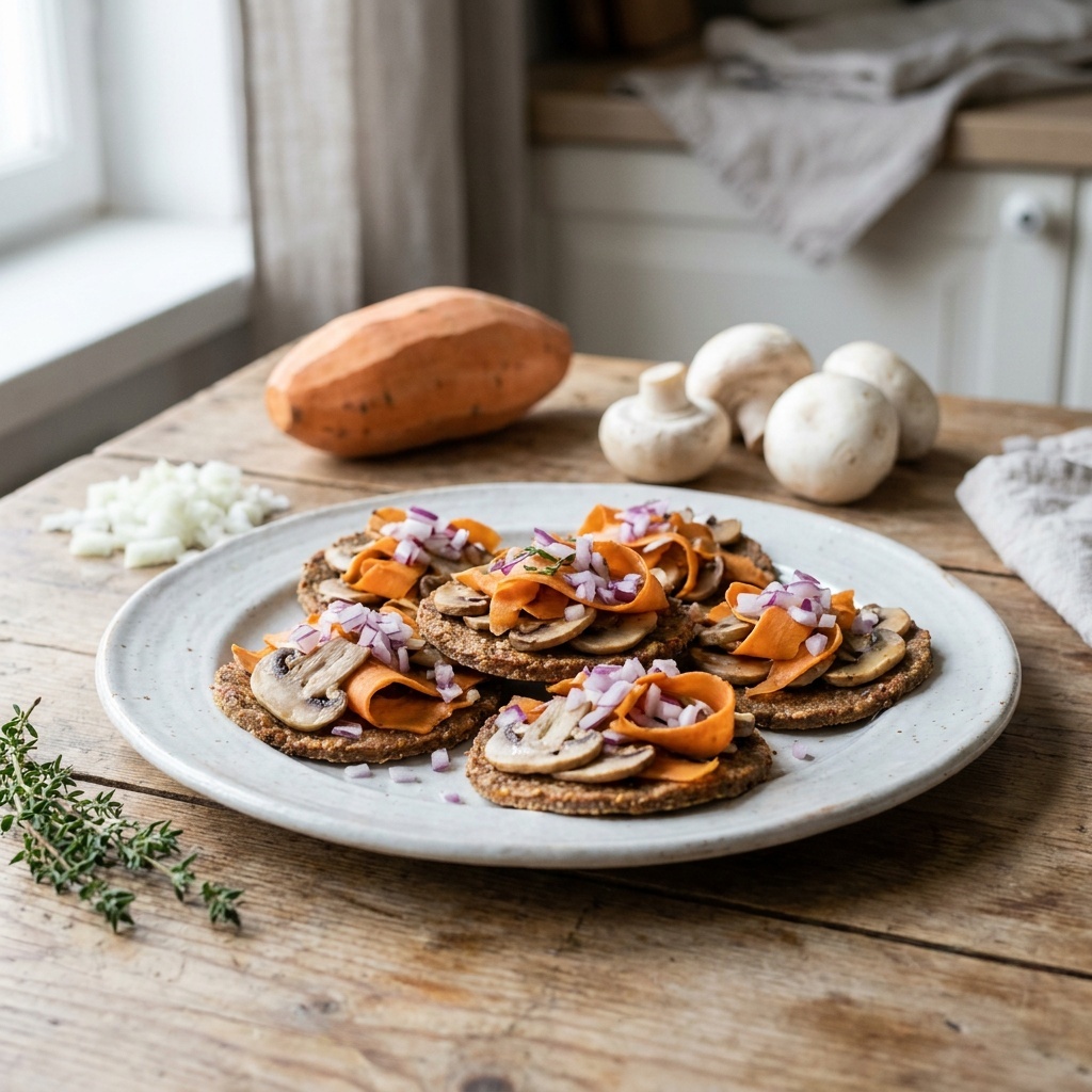 Raw sweet potato, mushroom and onion patties