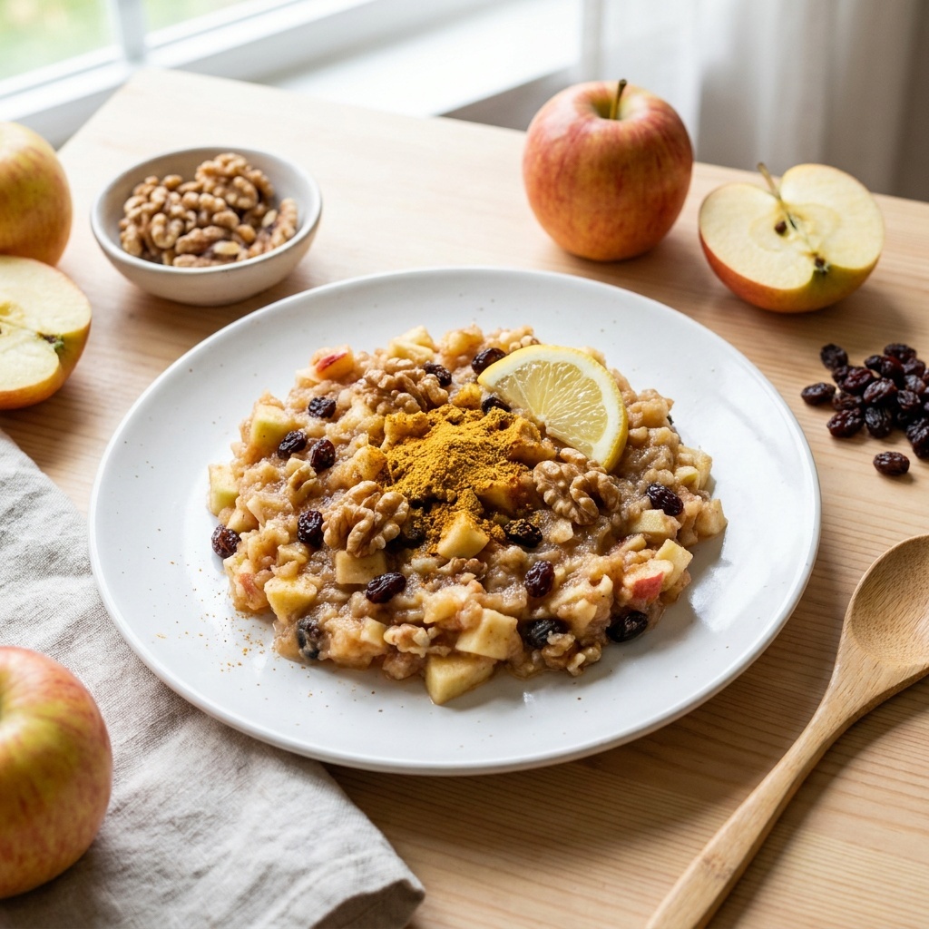 Raw apple sauce with walnuts and currants