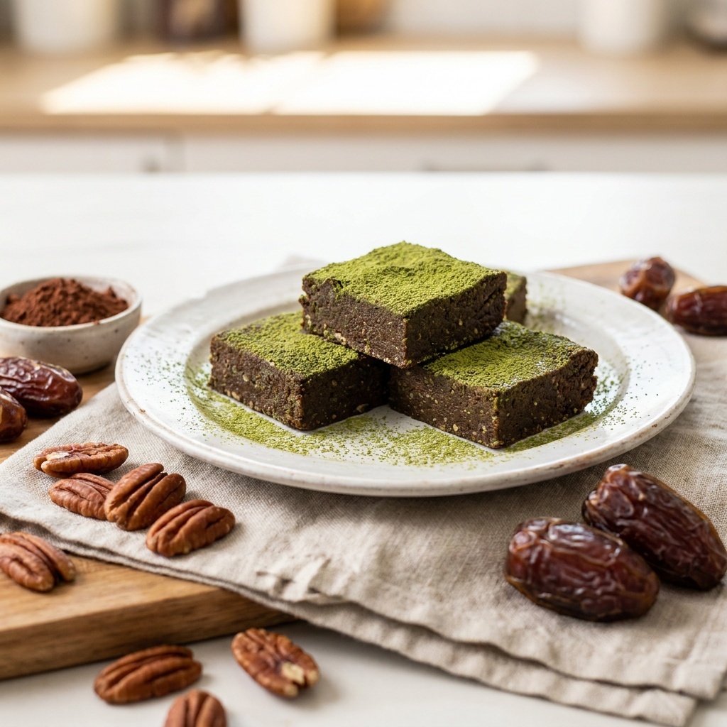 Raw matcha brownies with pecans and medjool dates