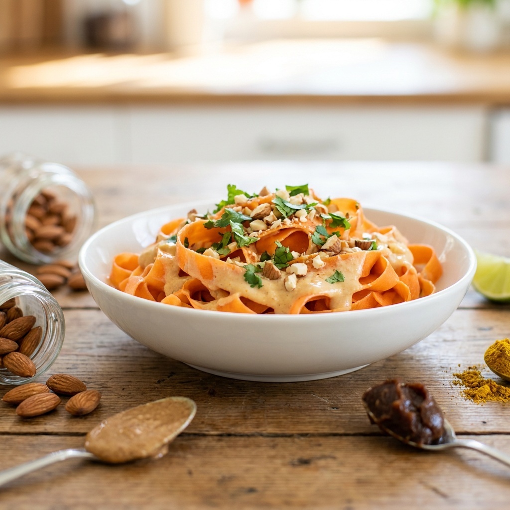 Carrot ribbon bowl with coconut almond satay sauce