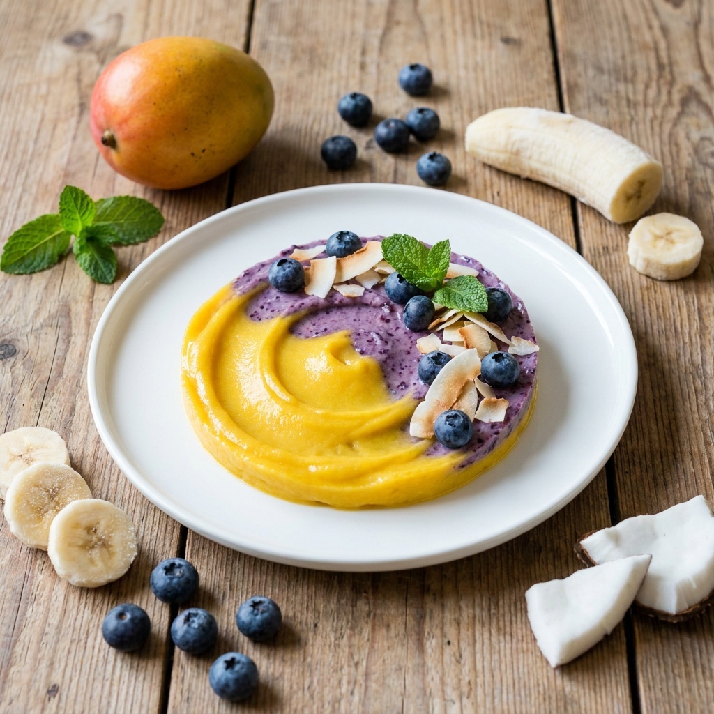 Two-layer frozen jar, mango-banana and blueberry-coconut