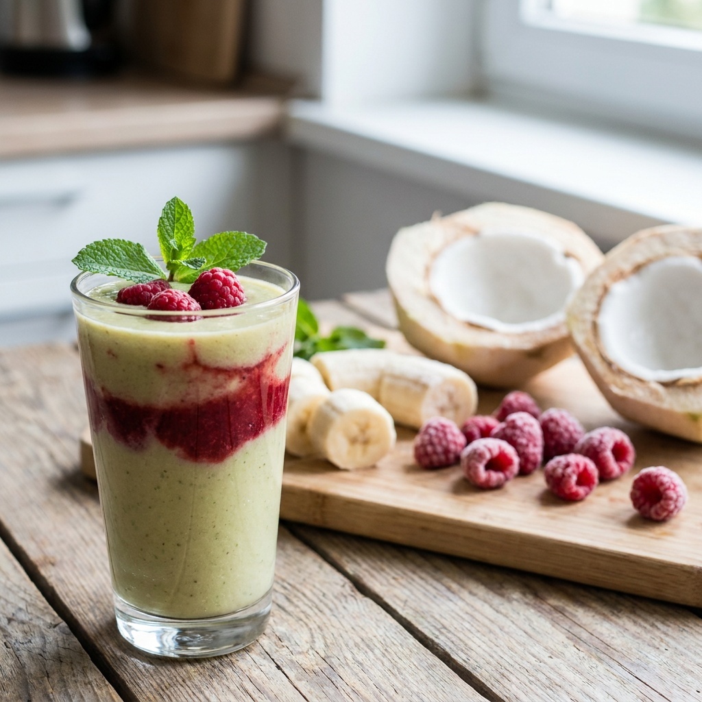 Frozen barley grass-mint and raspberry smoothie, in two layers