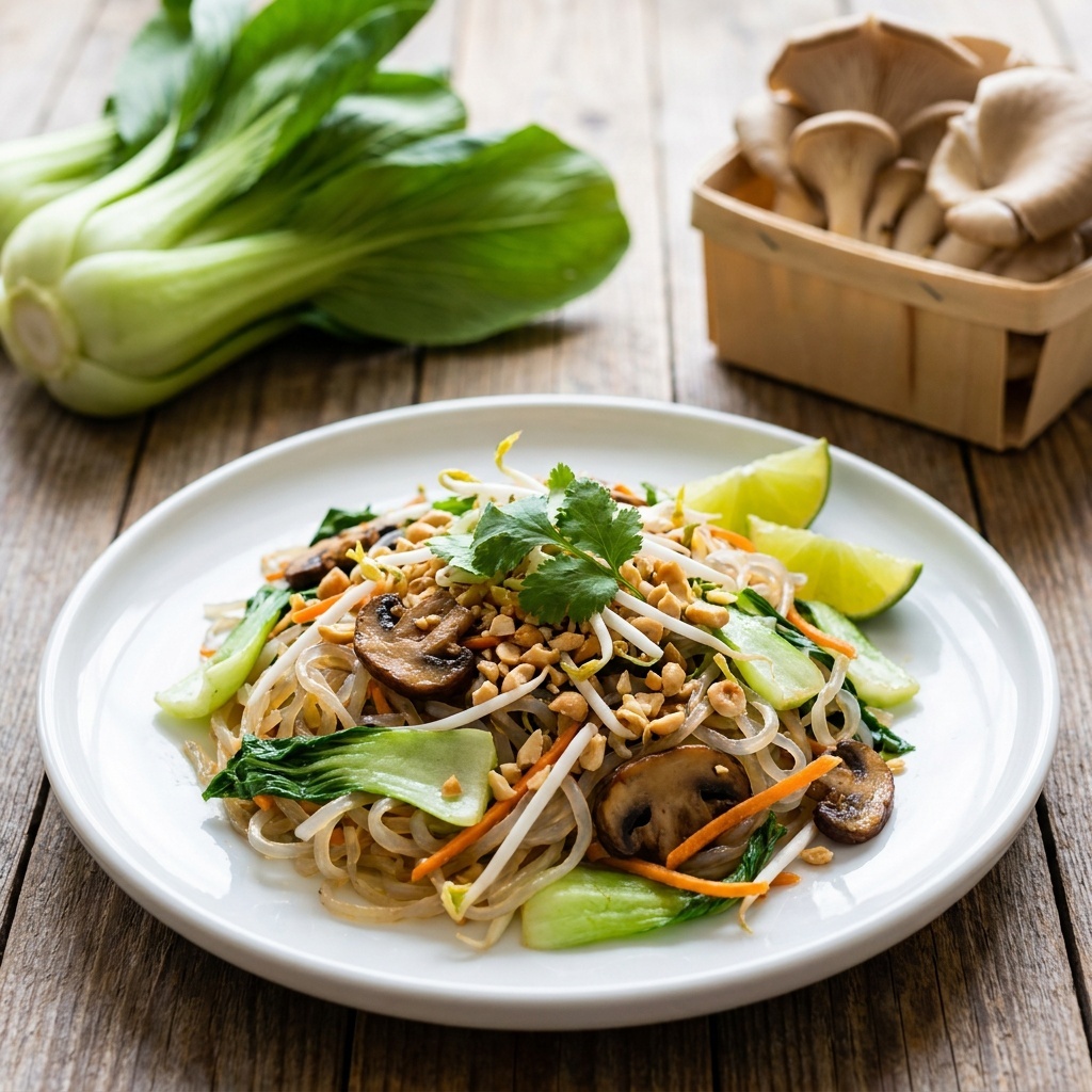 Raw pad thai with sea spaghetti and button mushrooms
