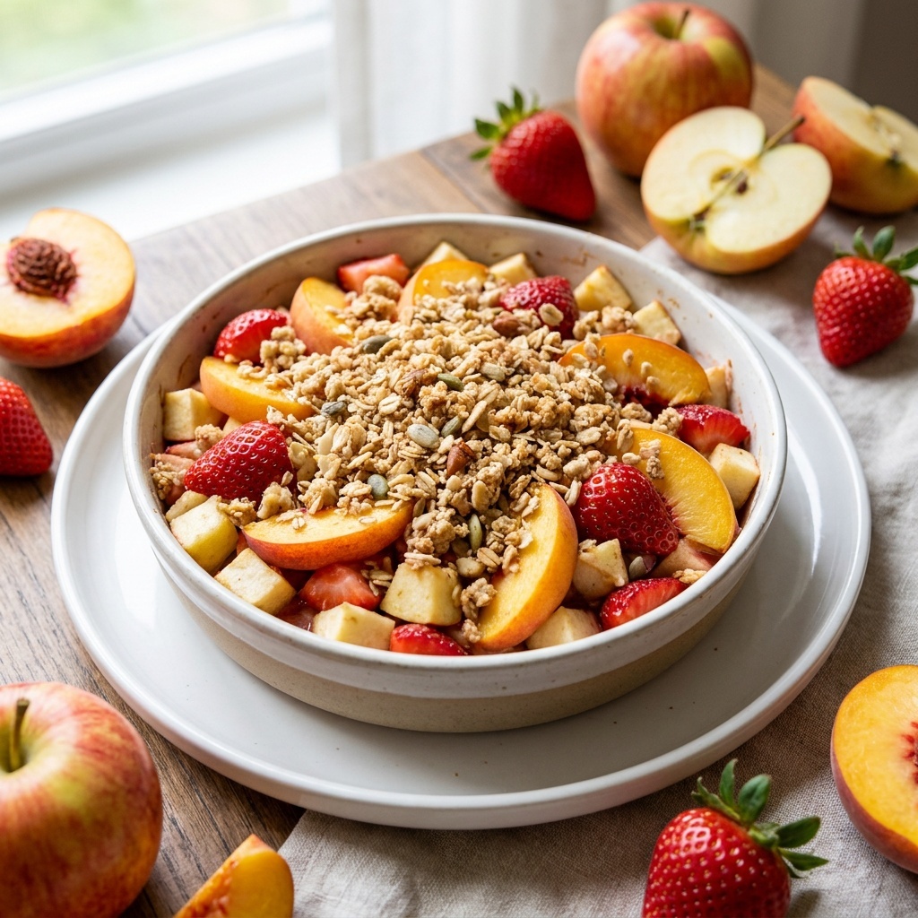 Crumble de pommes, fraises et pêches