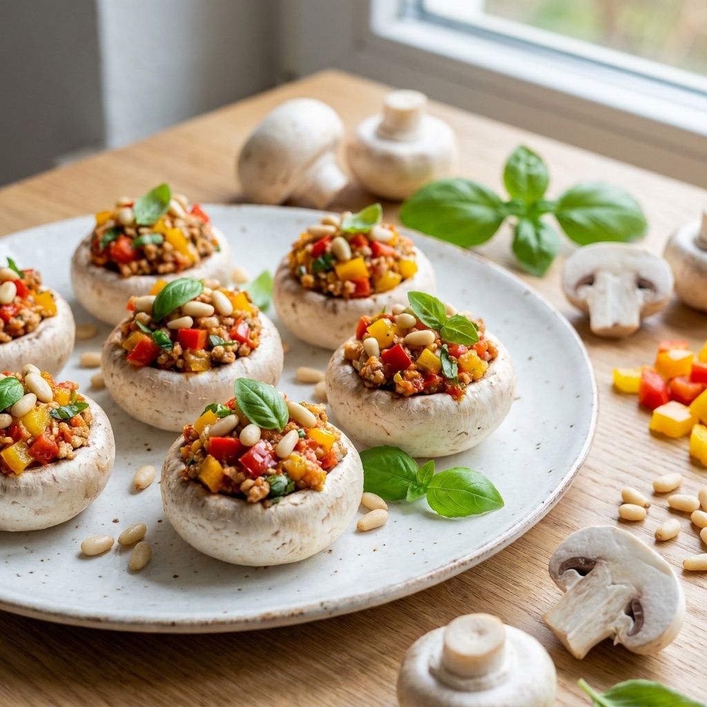 Champignons farcis crus aux pignons et au basilic