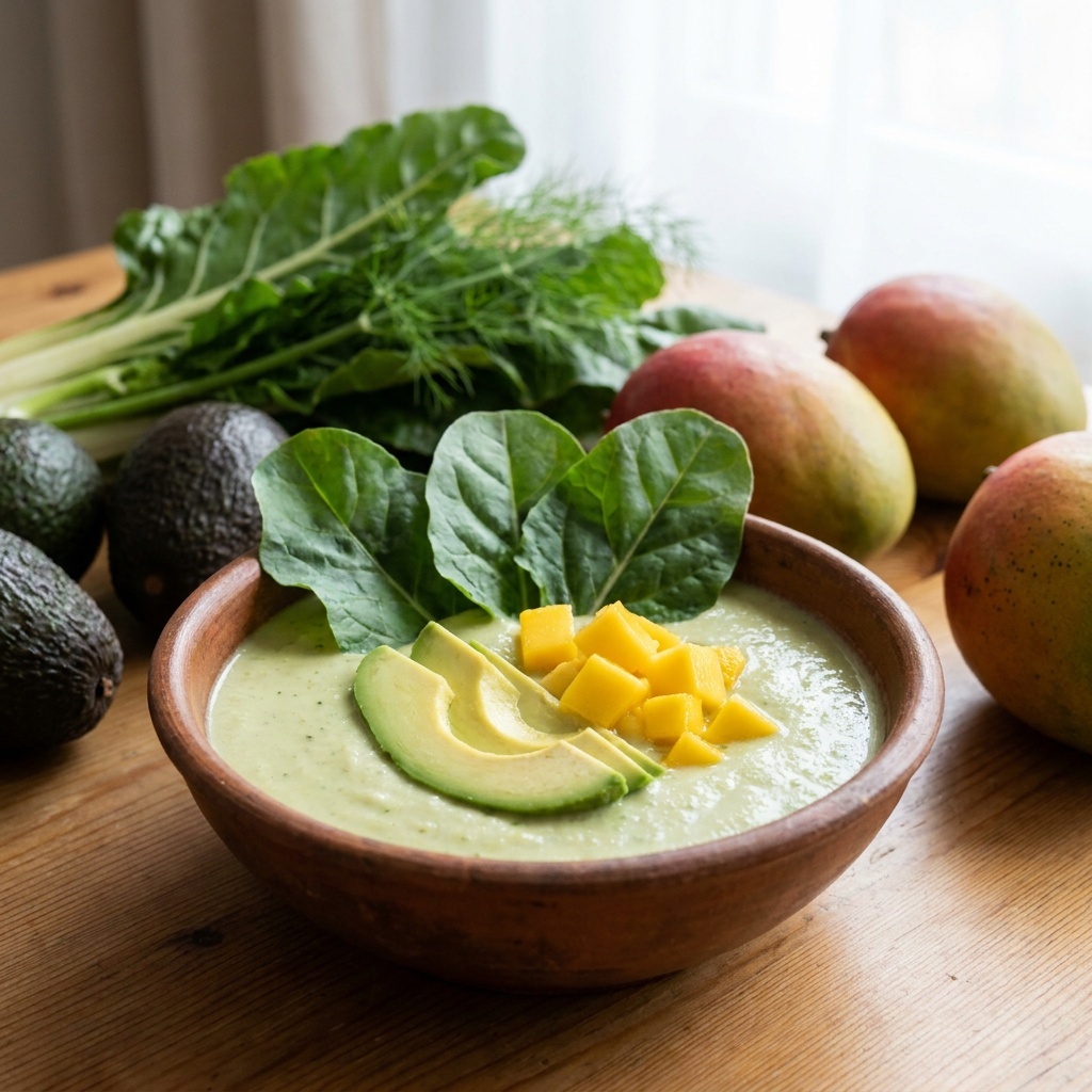 Soupe crue d'avocat au fenouil et à la mangue
