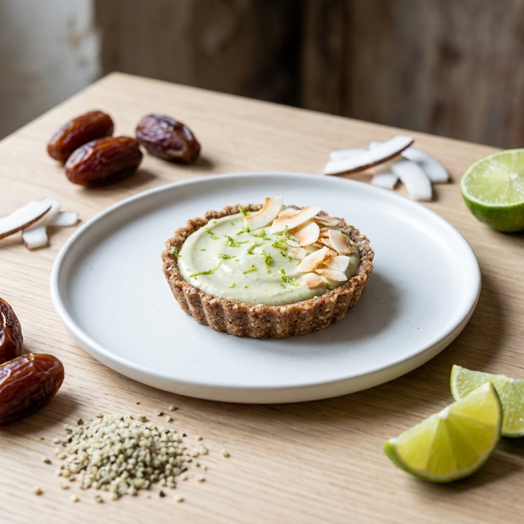 Tartelette crue coco-citron vert sur fond de tarte au chanvre