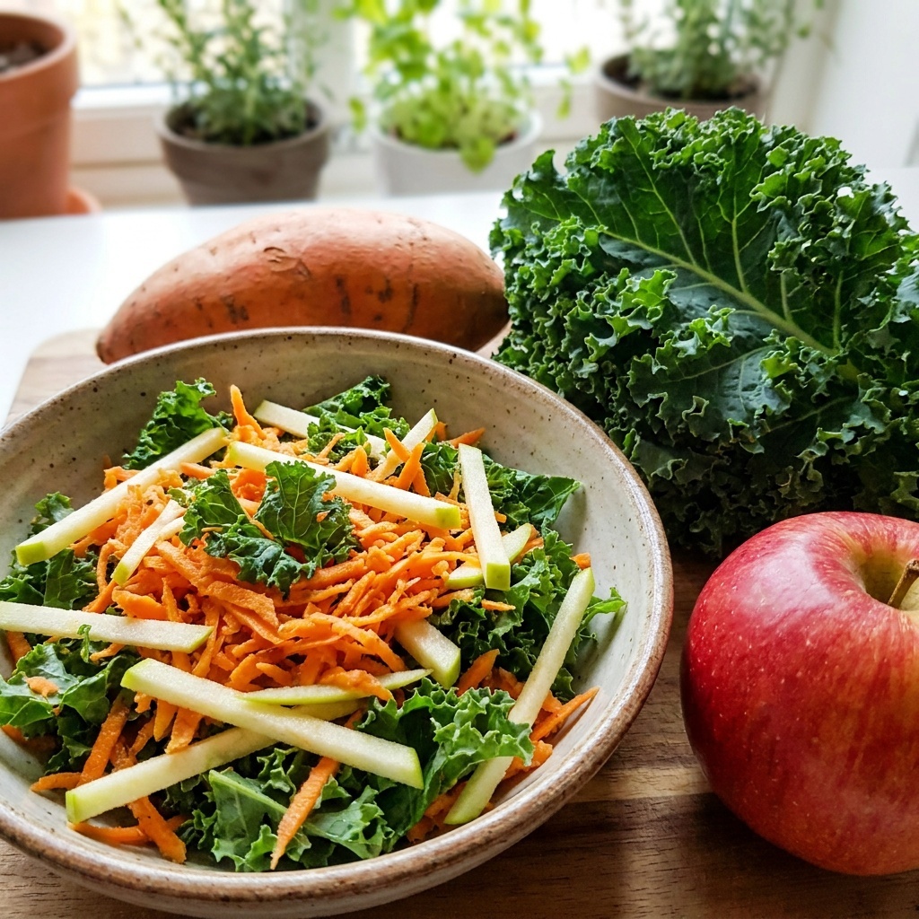 Salade crue de patate douce, pomme et chou kale