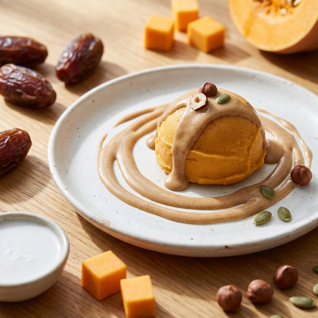 Sorbet crémeux au potiron épicé, sauce soyeuse à la noisette