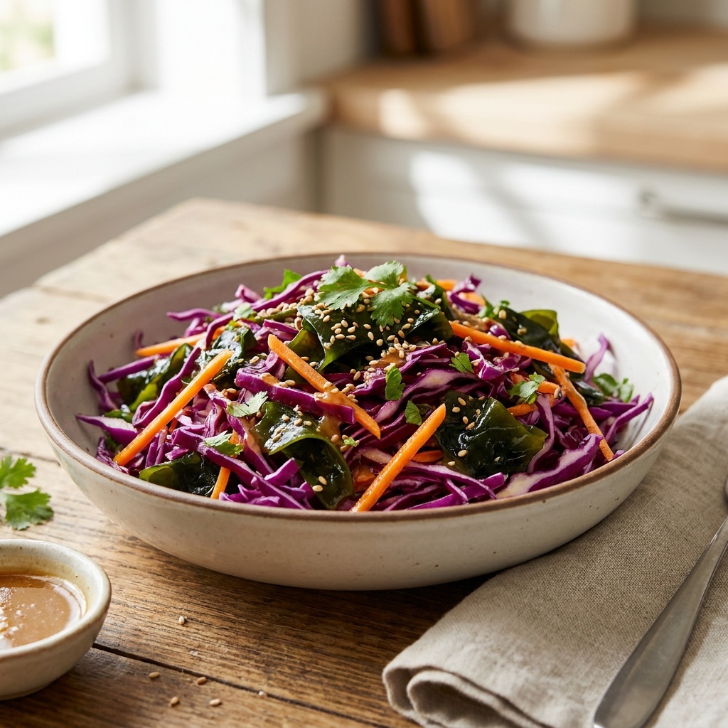 Salade de chou rouge, wakamé et champignons marinés, sauce miso