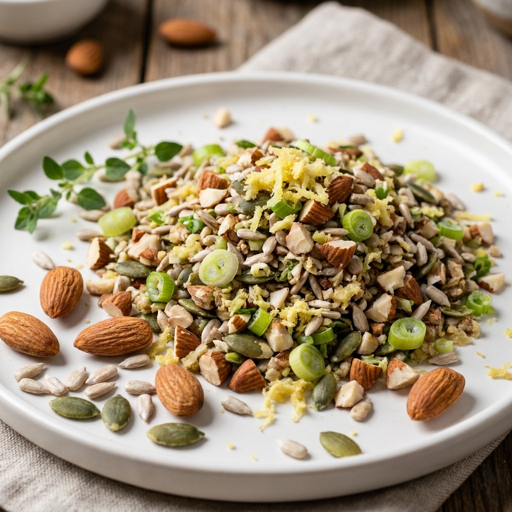 Amandes et graines croquantes au gingembre et à l'oignon nouveau