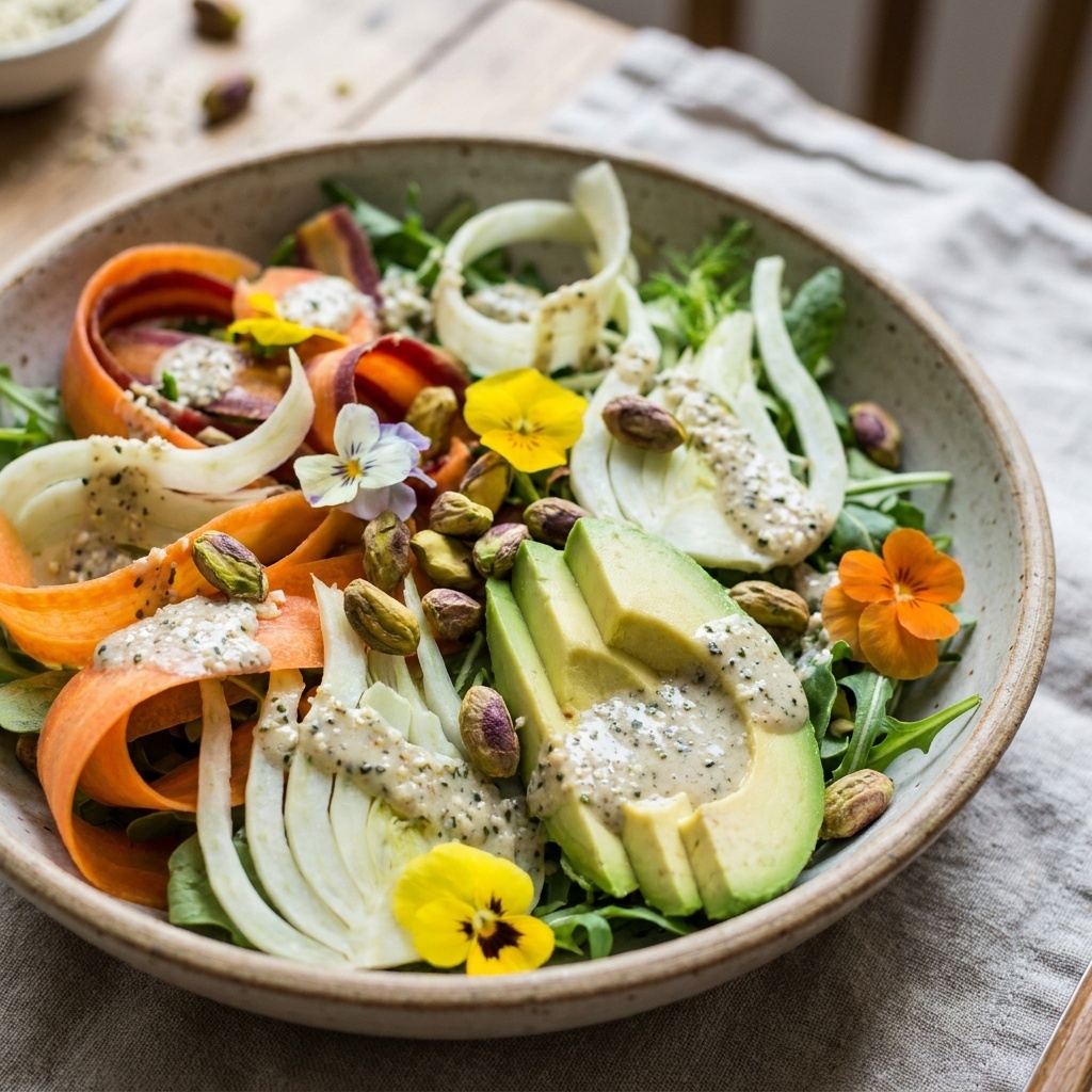 Salade de légumes rasés, pistaches et vinaigrette crémeuse au chanvre