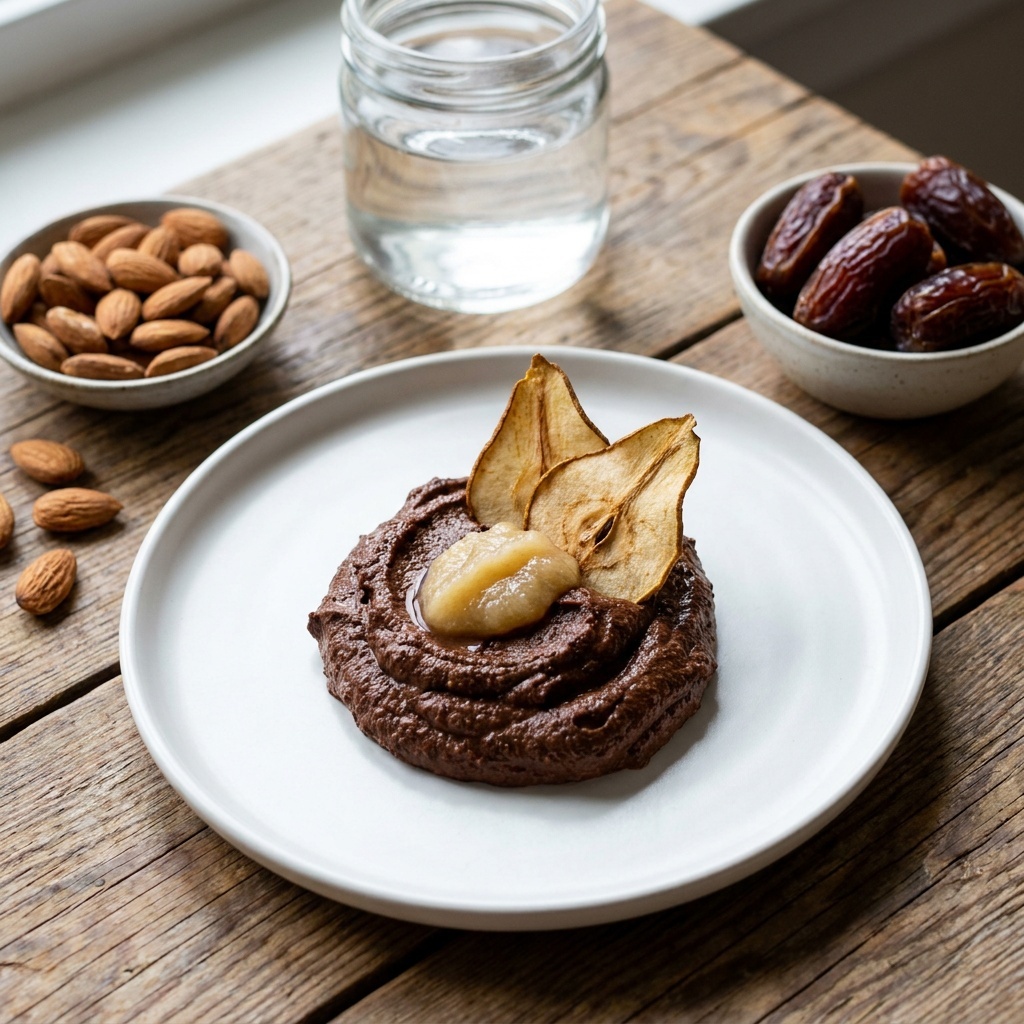 Mousse crue au chocolat épicée, purée et chips de poire