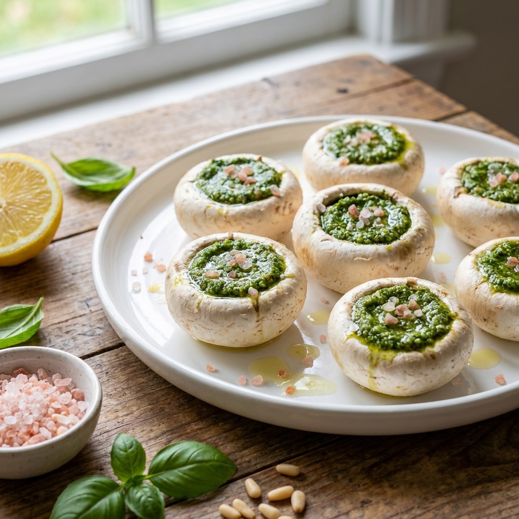 Champignons farcis au pesto de basilic et roquette