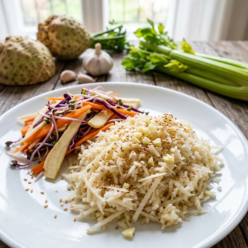 Sauté cru de légumes au sésame et riz de céleri-rave à l'ail