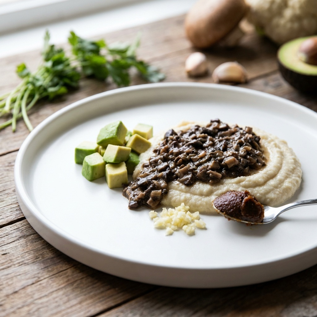 Purée de chou-fleur et sauce aux champignons