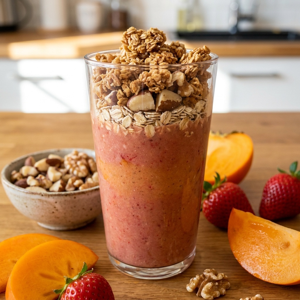 Granola cru aux épices et smoothie bowl kaki banane