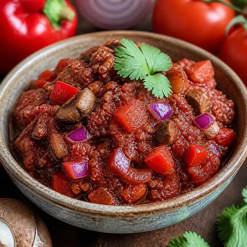 Rohkost-Chili mit Portobello-Pilzen