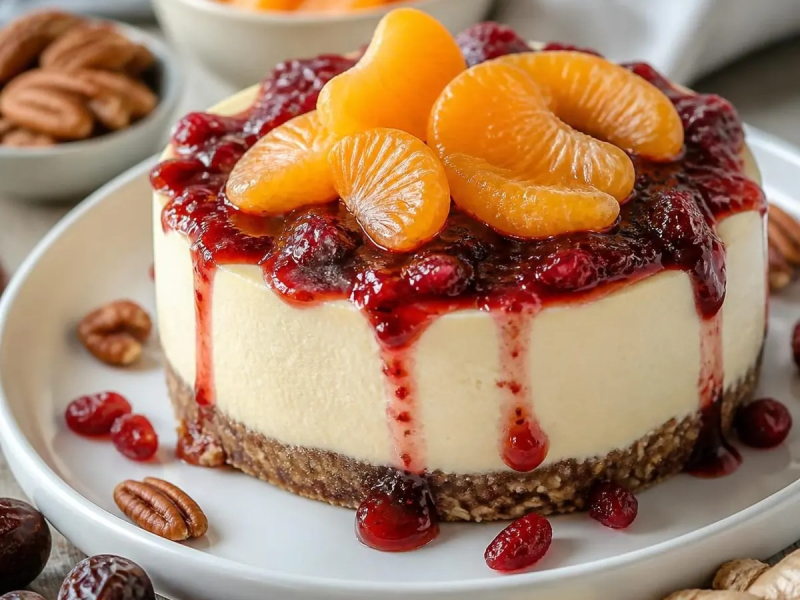 Roher Mandarinen-Cheesecake mit Pekannuss-Ingwer-Boden und Preiselbeer-Granatapf