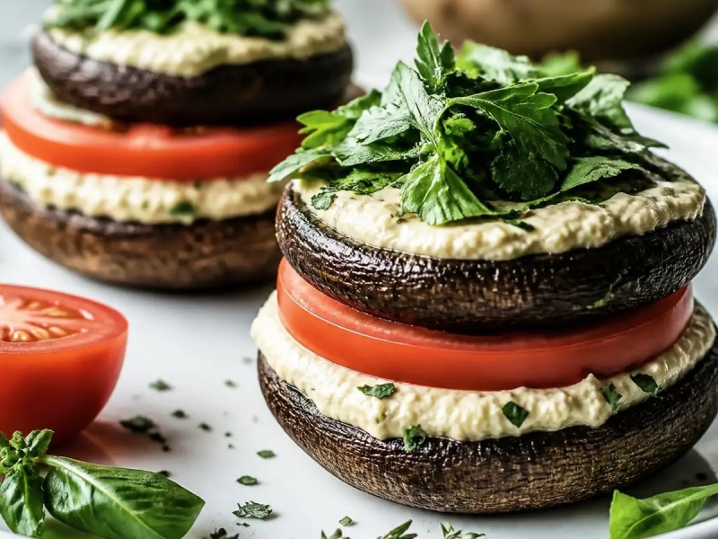 Burger aus mariniertem Portobello und Kräuter-Cashewkäse
