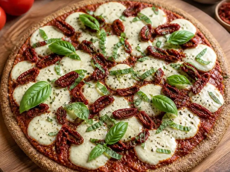 Pizza crue aux tomates séchées et mozzarella végétale