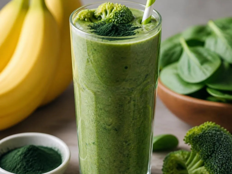 Smoothie cru brocoli, banane et spiruline