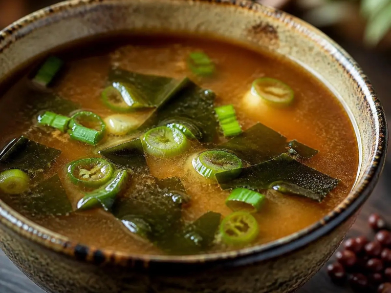 Soupe miso au nofu de cajou et aux lanières de nori
