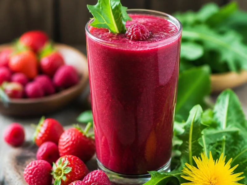 Jus cru de pissenlit, fraise et framboise