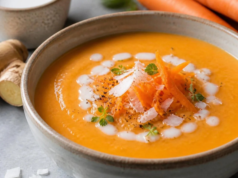 Soupe crue de carotte au lait de coco, curcuma et gingembre
