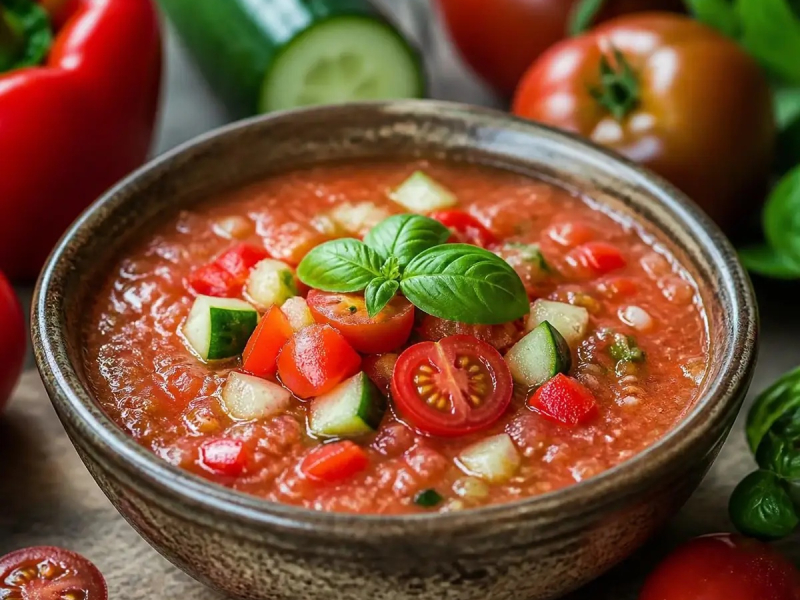 Gaspacho du jardin : tomates, poivrons et concombre