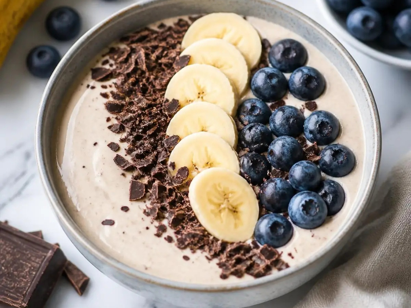 Smoothie bowl vanille aux myrtilles et grué de cacao