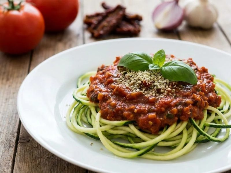Spaghettis de courgette crue, sauce marinara aux tomates séchées