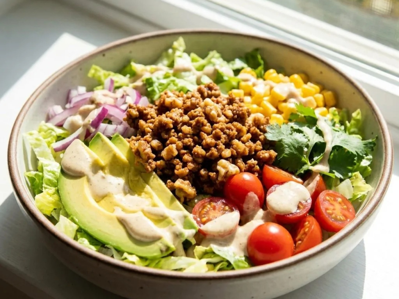 Salade taco crue, hachis de noix épicé et guacamole