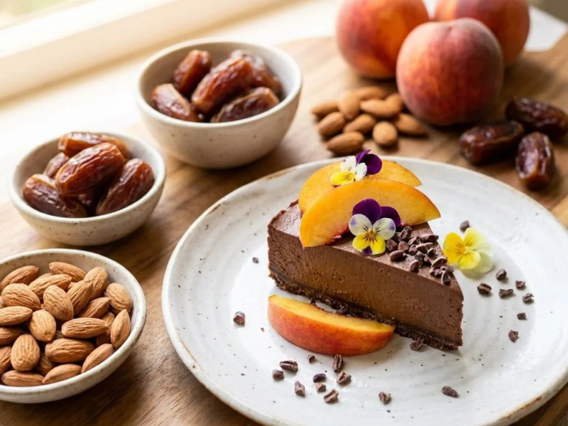 Gâteau cru chocolat-pêche, coque de chocolat et caroube