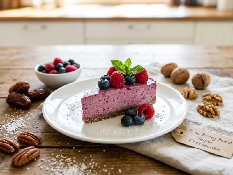 Cheesecake cru aux fruits rouges, croûte noix et raisins secs