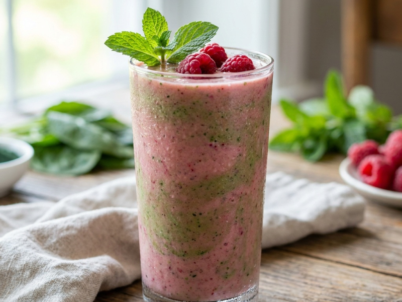Smoothie rosé fruits rouges, épinard et chlorelle