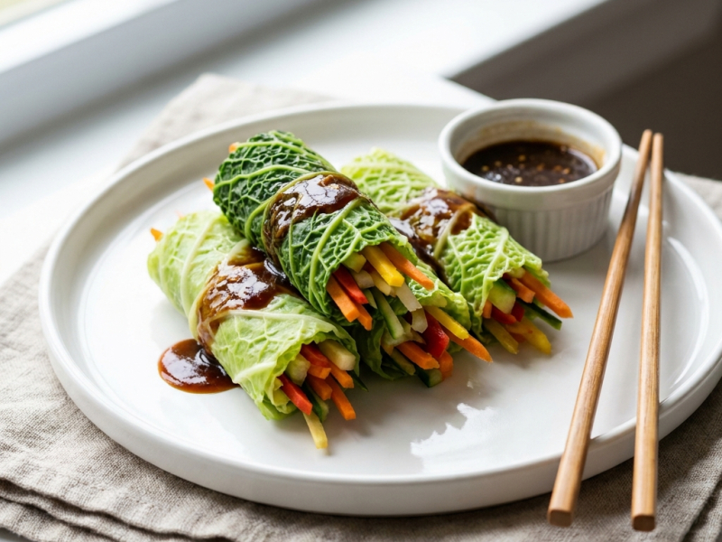 Rouleaux crus en feuille de chou vert, sauce gingembre-tamari