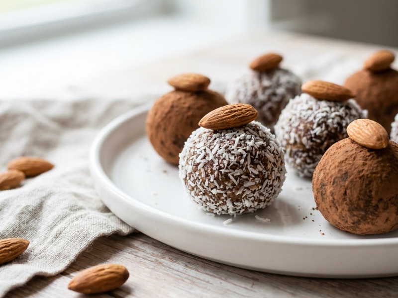 Truffes crues amande-coco aux éclats de cacao