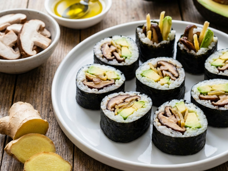 Makis crudos con shiitake marinado, aguacate y jengibre confitado