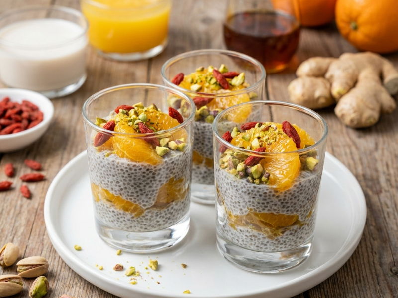 Vasitos de chía con naranja y jengibre, pistachos y goji
