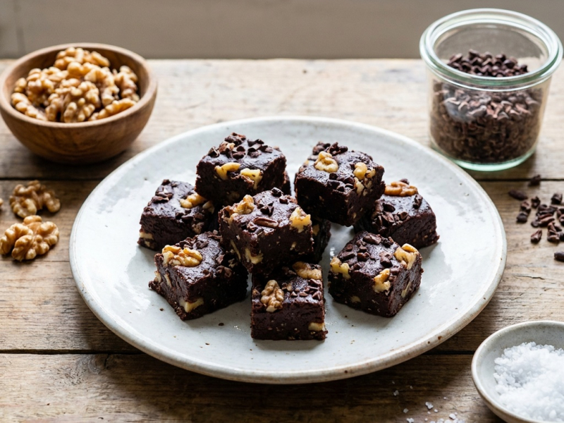 Bocaditos brownie crudos con nueces y nibs de cacao