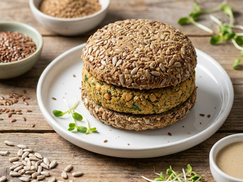 Rauwe burger: zonnebloempittenbrood en burger van gekiemde kikkererwten
