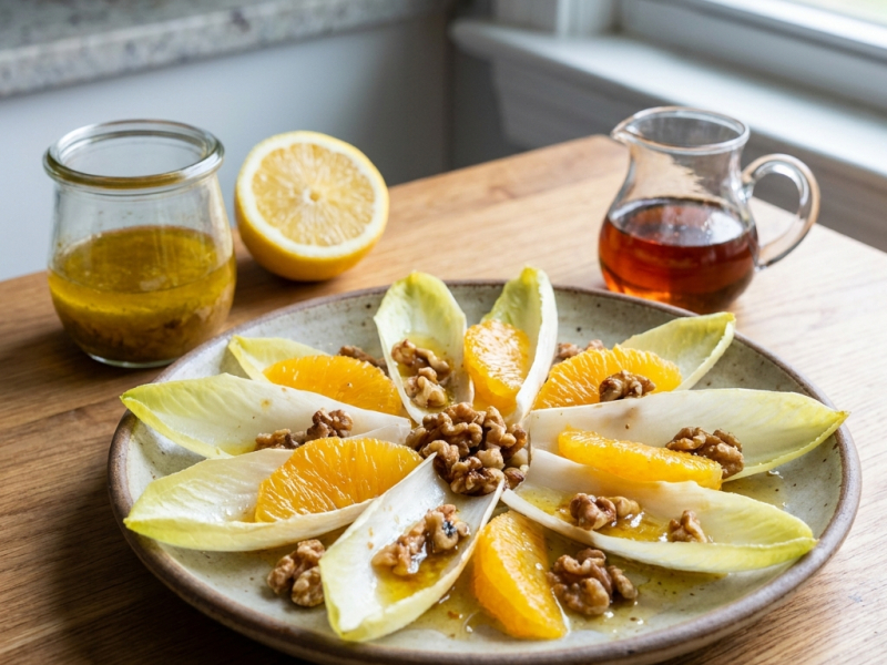 Witlofsalade met sinaasappel en walnoten, walnootolie-vinaigrette