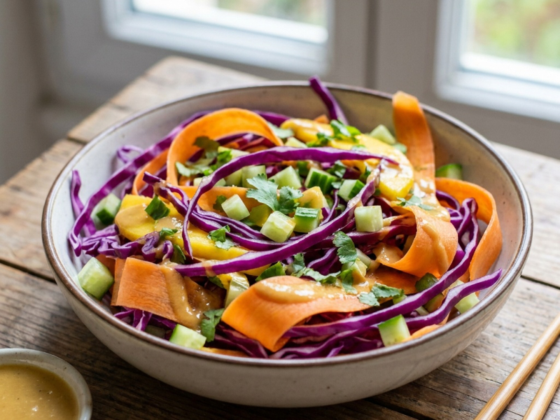 Salade de chou rouge et mangue, sauce miso-gingembre